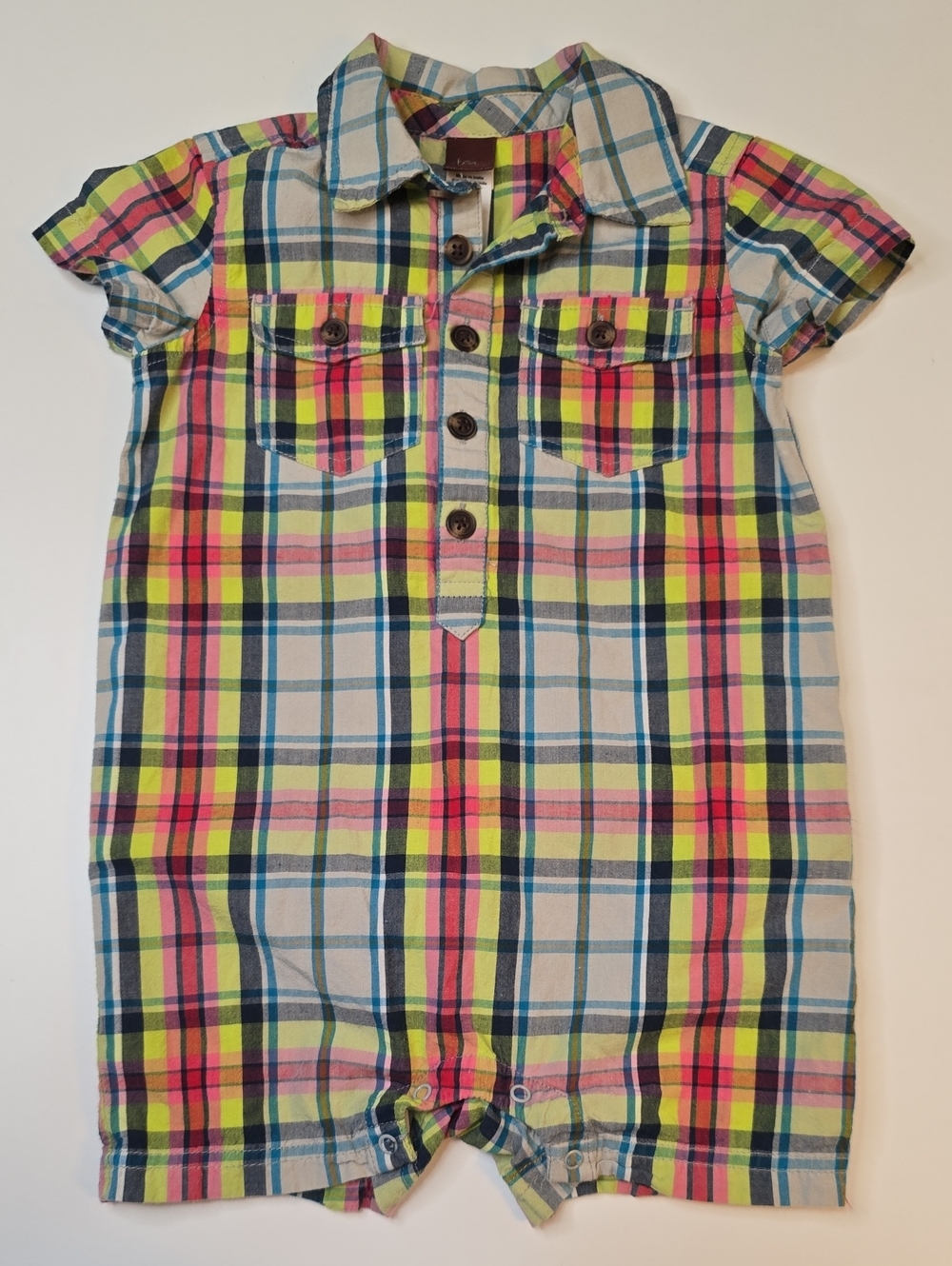 Tea Collection Plaid Short Sleeve Baby Romper in Neon Pink & Lime